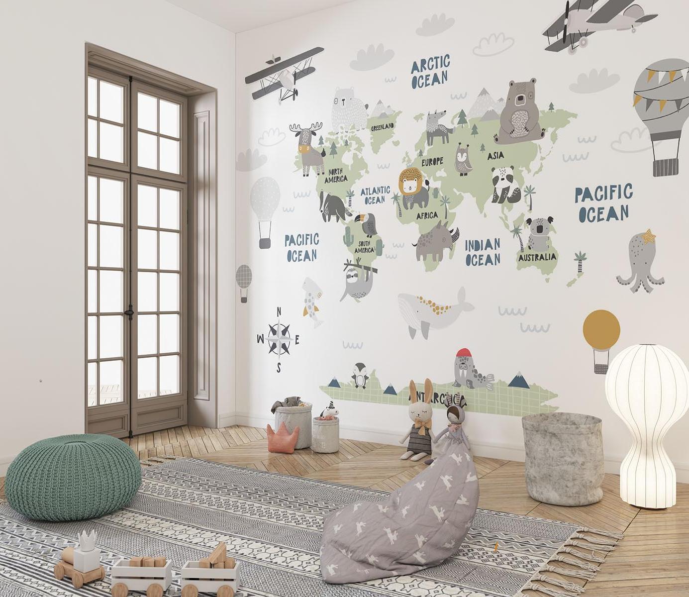 Papier Peint Mural Carte du Monde | Thème Aventure Enfants avec Animaux