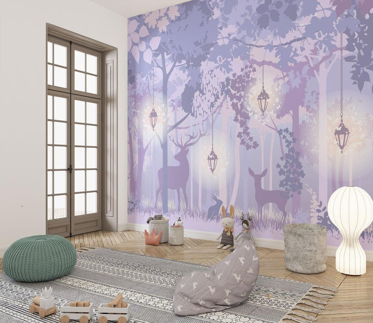 Papier Peint Mural Forêt | Bois Enchanté Violet Avec Lanternes