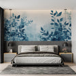 Blue watercolor leaf wallpaper creating a serene atmosphere in a modern living room