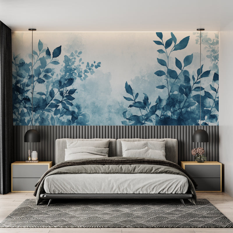 Blue watercolor leaf wallpaper creating a serene atmosphere in a modern living room
