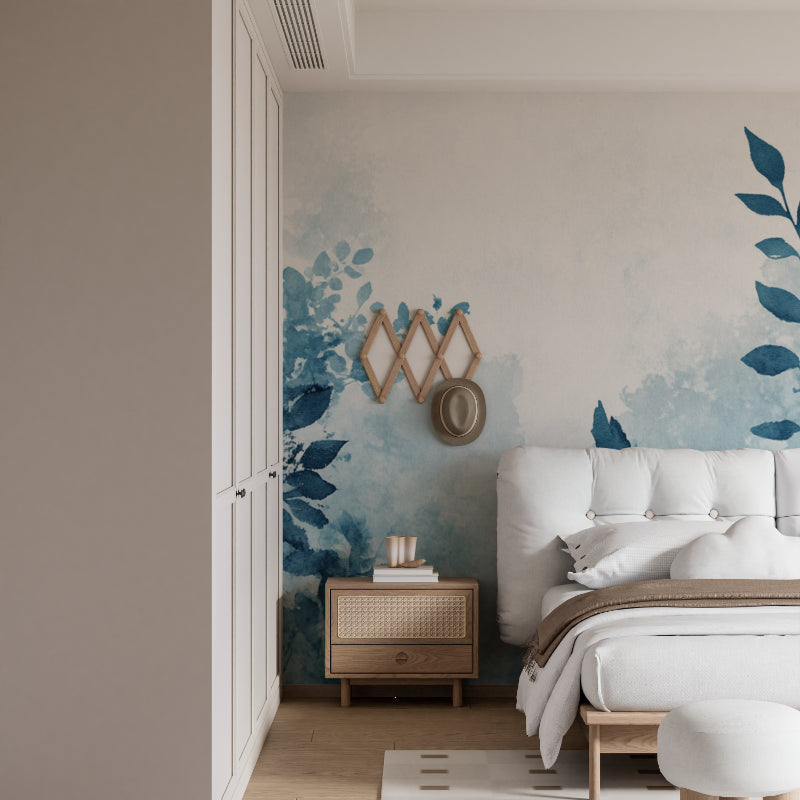 Botanical watercolor mural featured in a bright bedroom setting
