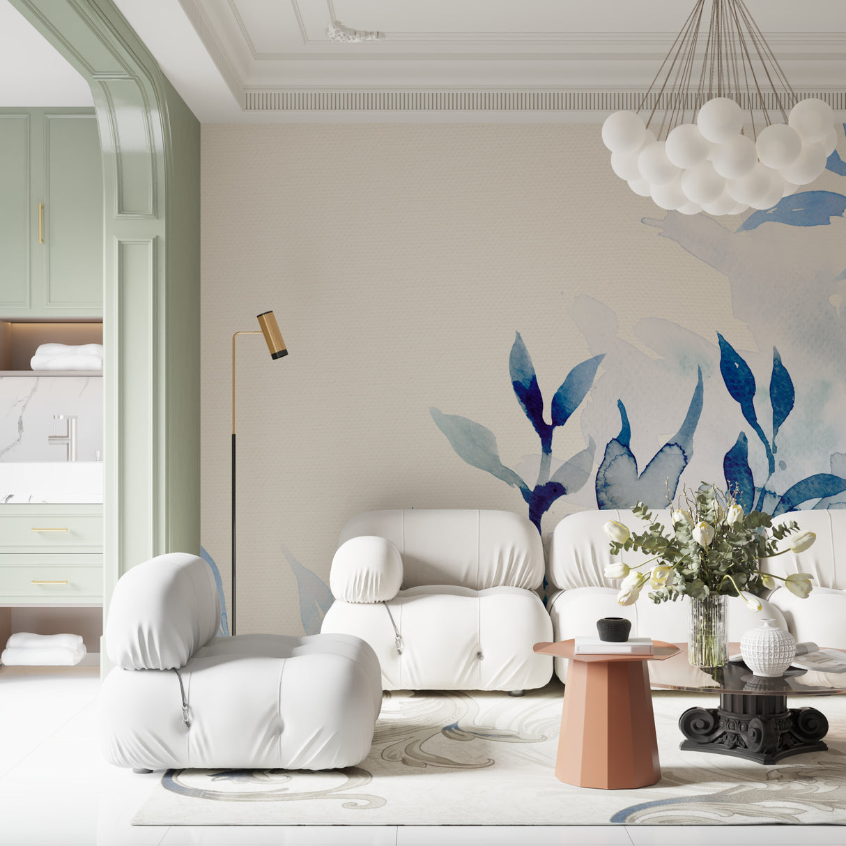 Watercolor wall mural featuring blue florals in a home office setting