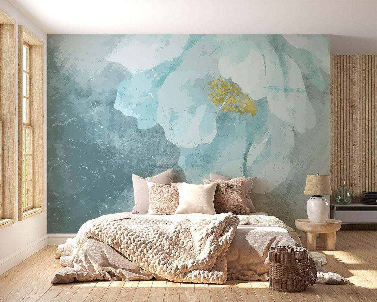 Watercolor wall mural in luxury home office with gold accents