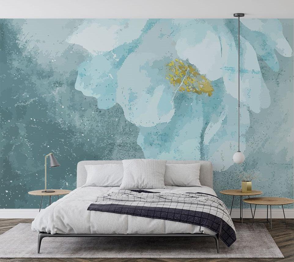 Abstract floral mural in boutique hotel lobby showing full wall application