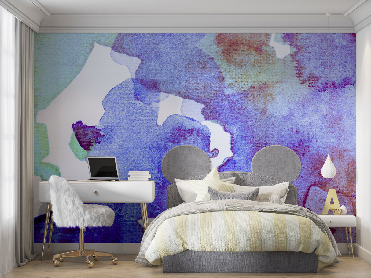Abstract watercolor mural adding artistic flair to a master bedroom