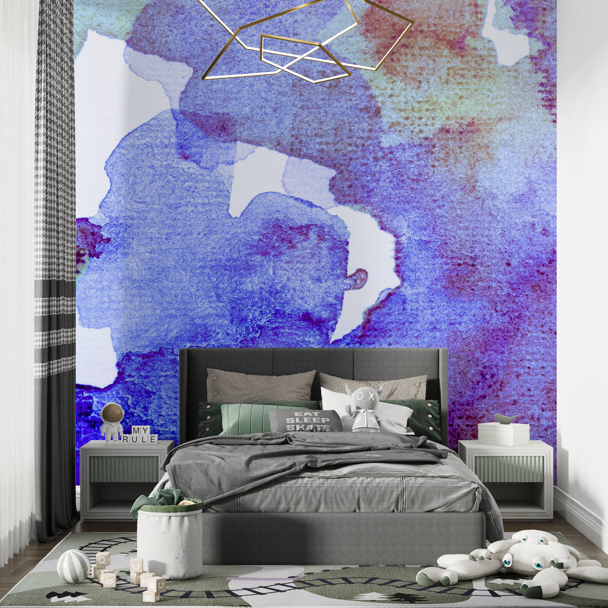 Watercolor wall design bringing color and movement to a home office