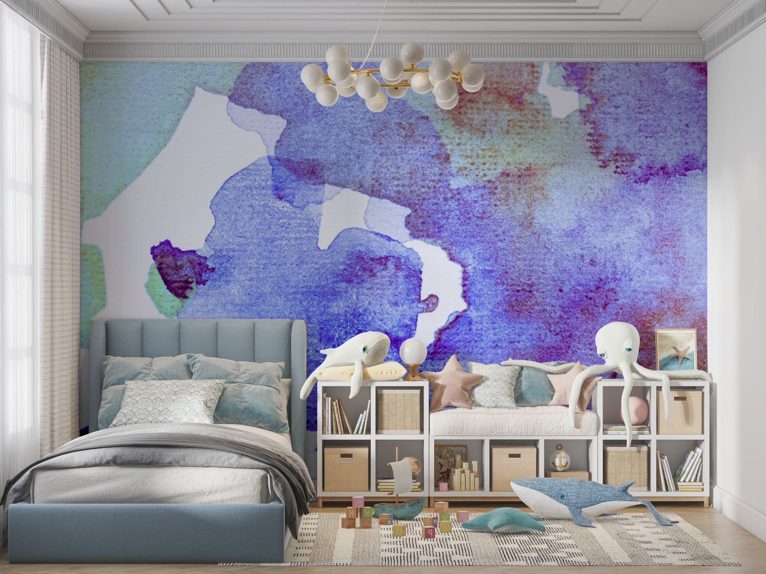 Purple abstract wallpaper making a statement in a dining room