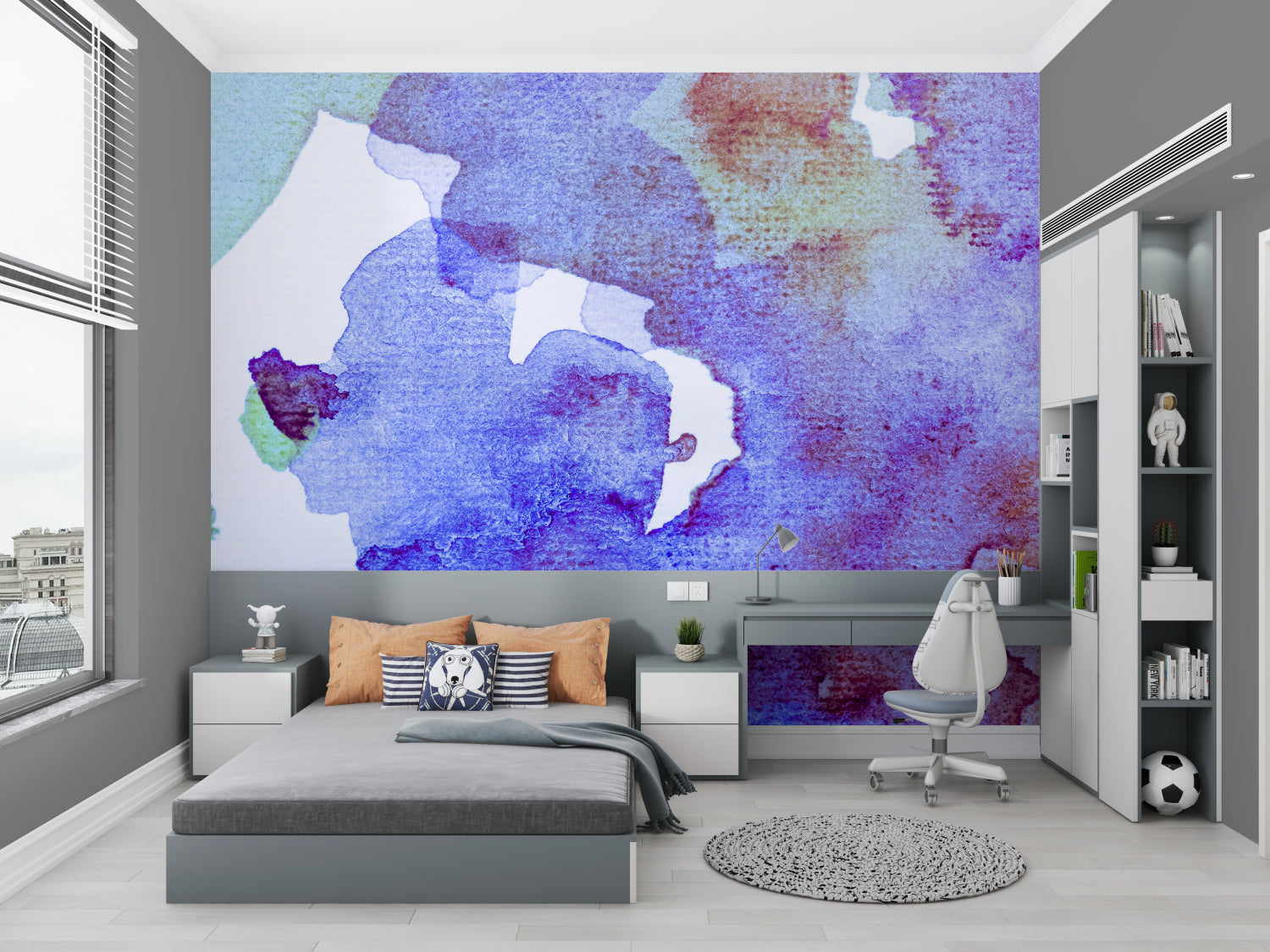 Modern watercolor mural enhancing an entrance hallway