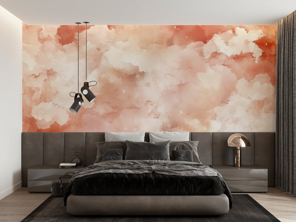 Terracotta cloud wallpaper creating calm atmosphere in master bedroom