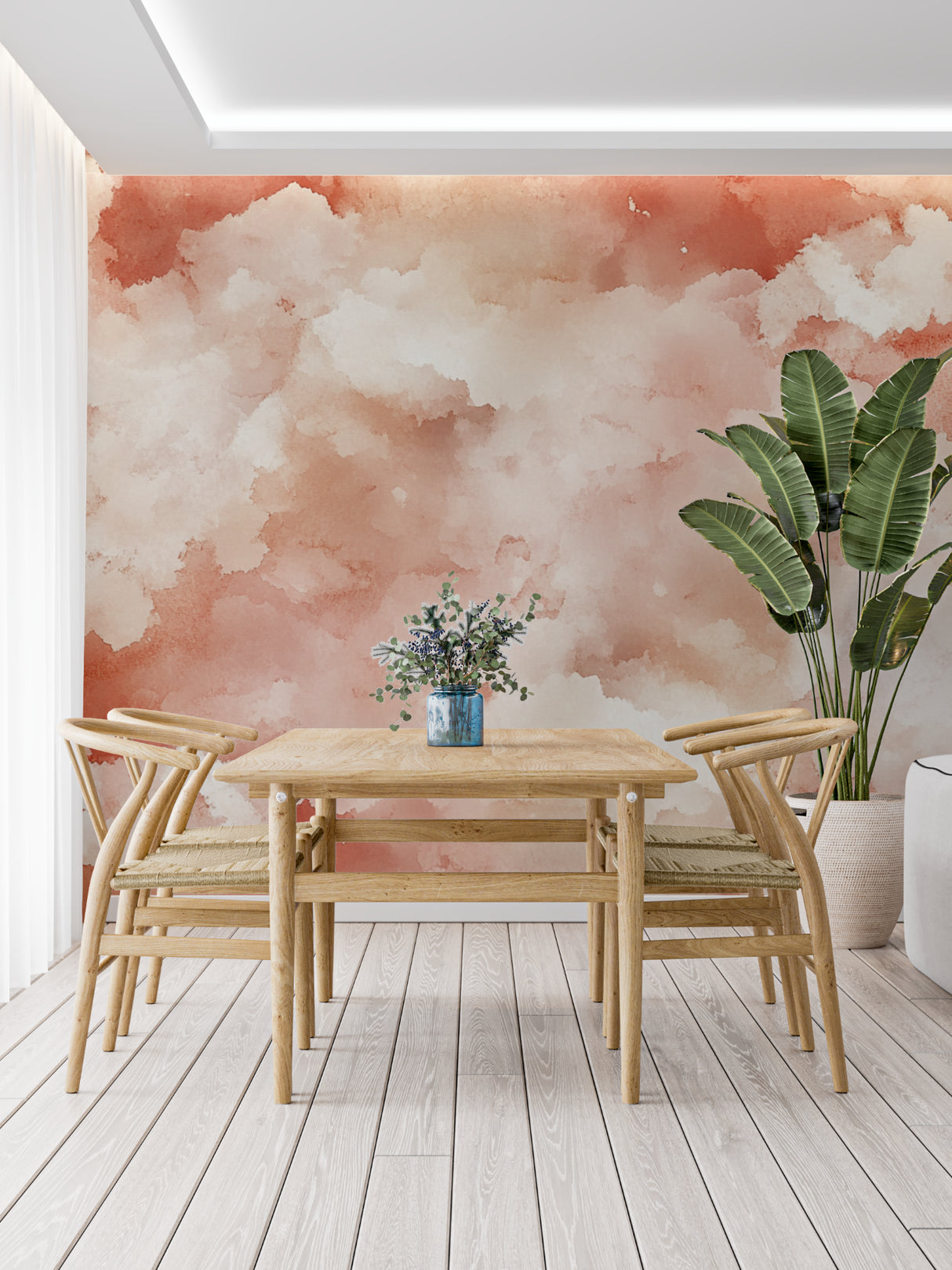 Terracotta abstract mural bringing soft color to meditation space