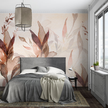 Watercolor leaf wallpaper in modern living room showing warm terracotta tones and gentle autumn leaves pattern