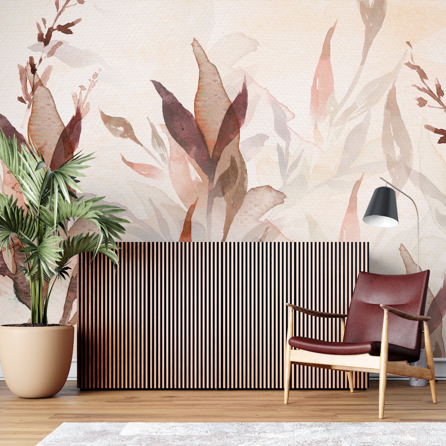 Dining room featuring autumn leaves wallpaper with soft watercolor effect and natural lighting