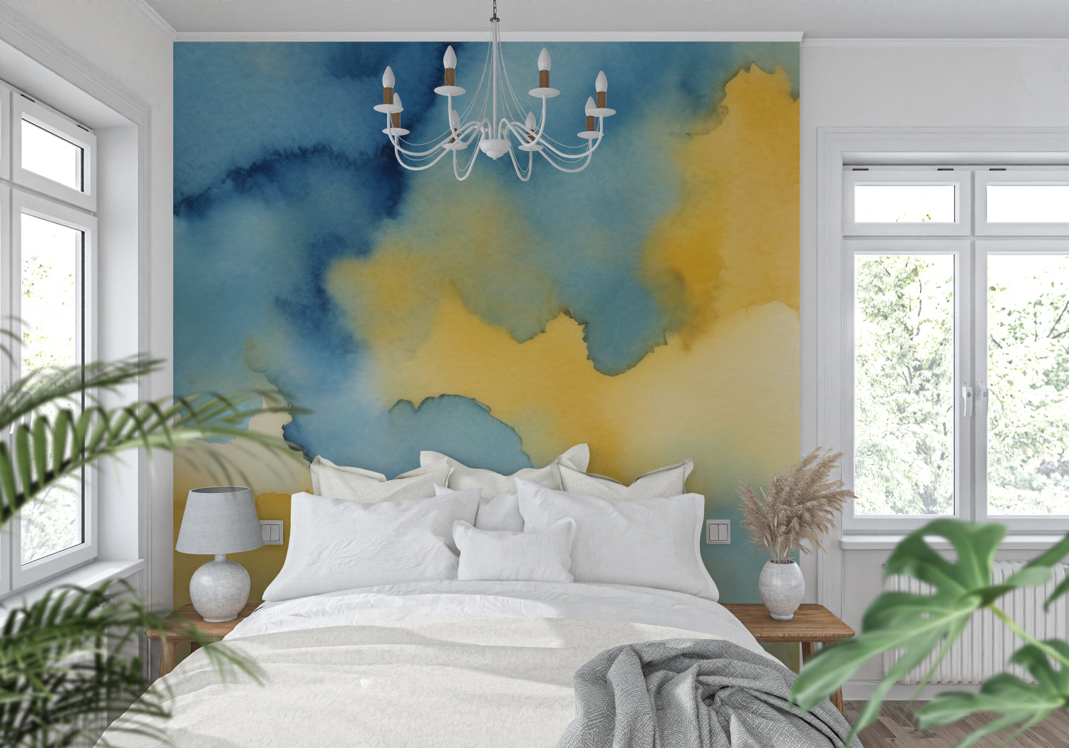 Modern watercolor abstract wallpaper in bright living room, blue and yellow tones creating peaceful atmosphere