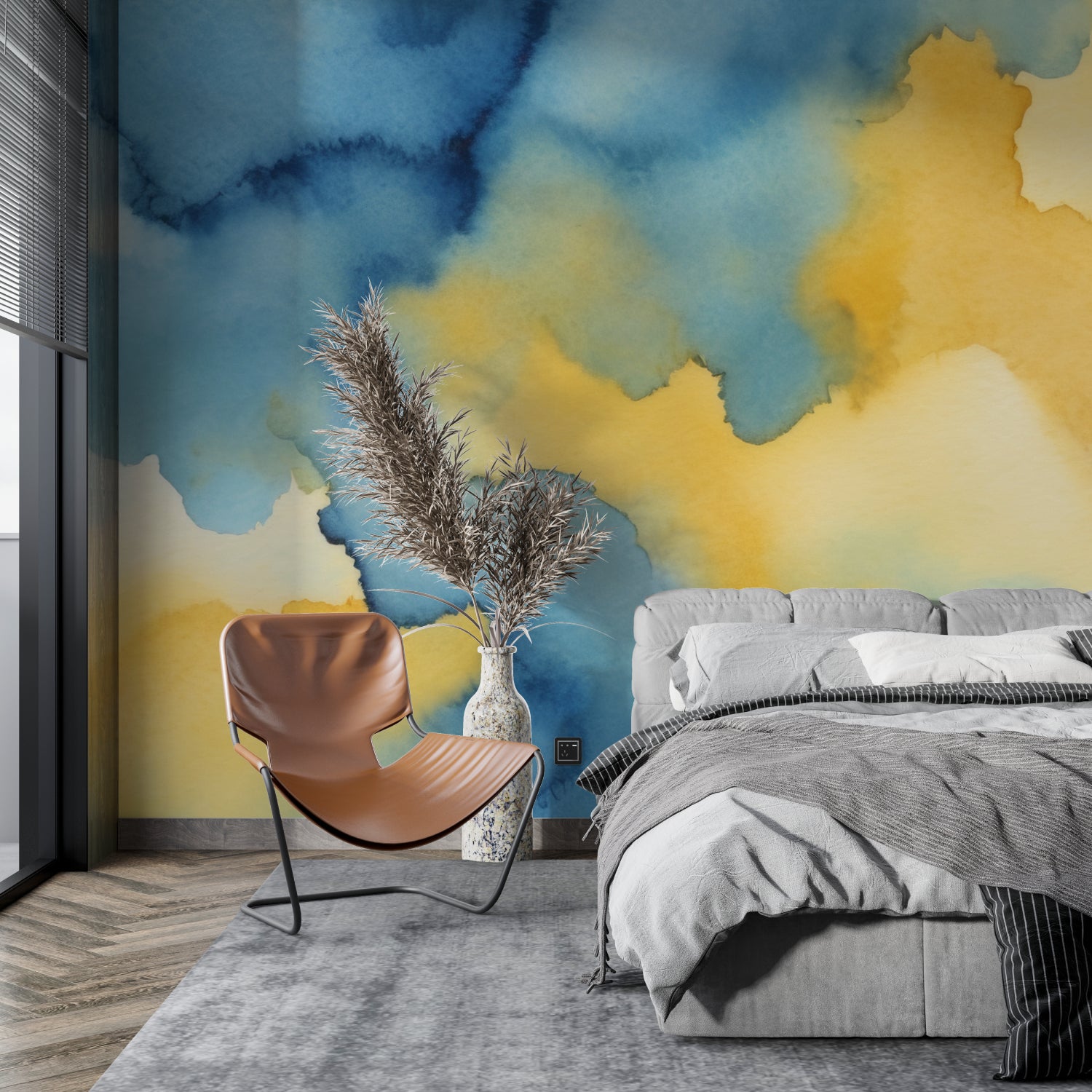 Blue and yellow abstract wallpaper in master bedroom showing fluid watercolor effects