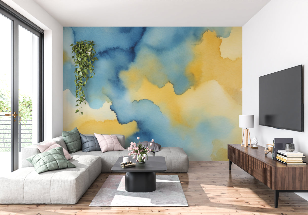 Abstract watercolor mural in home office space highlighting professional appeal