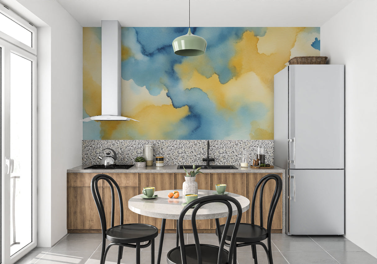 Watercolor wall mural in dining room showcasing evening light interaction
