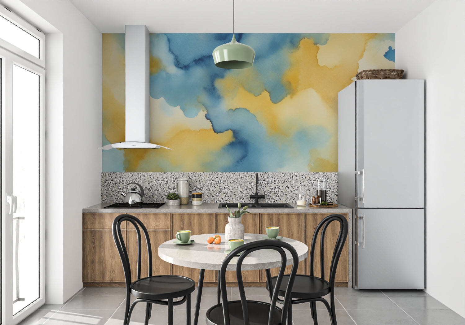 Watercolor wall mural in dining room showcasing evening light interaction