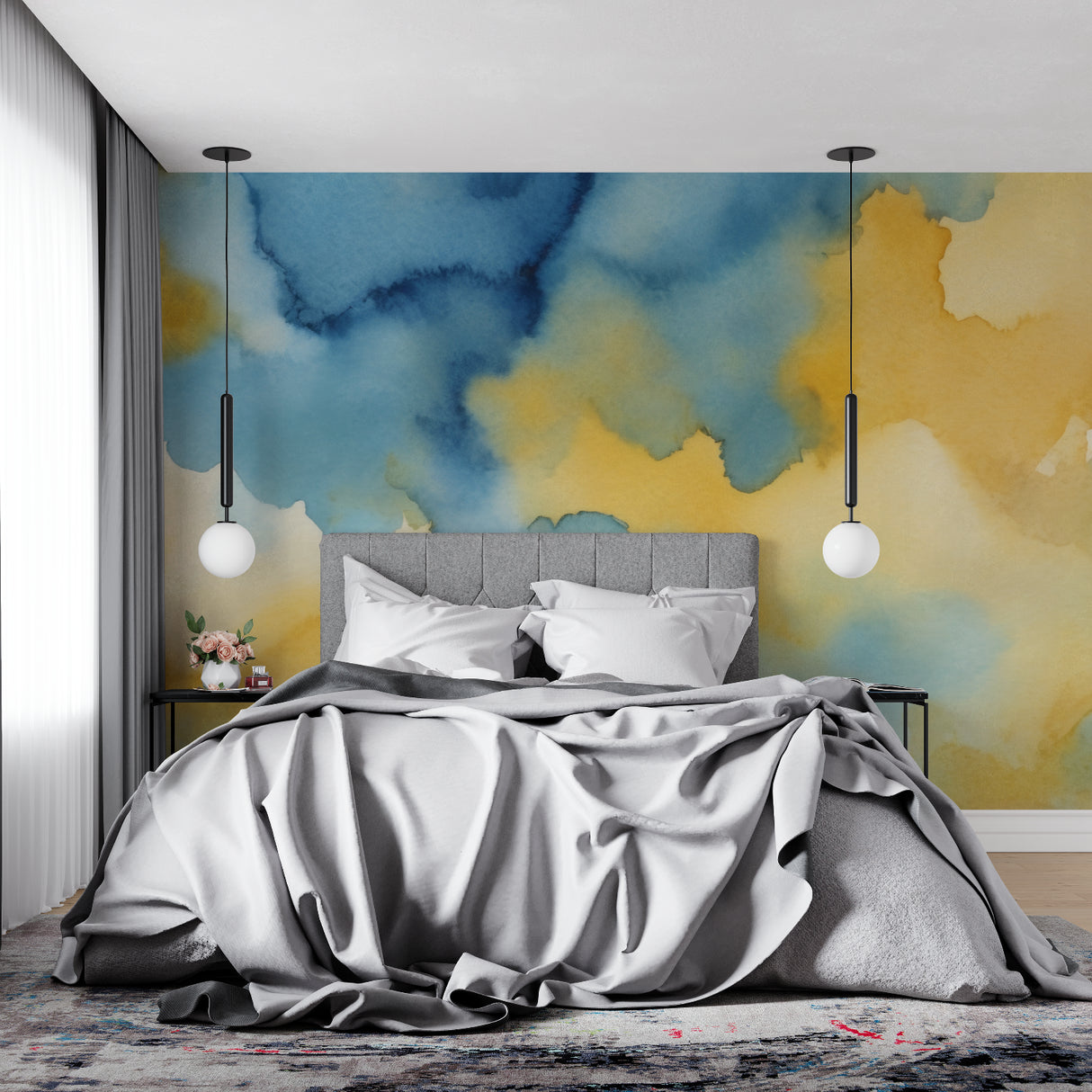 Abstract blue and yellow wallpaper in modern hallway creating depth