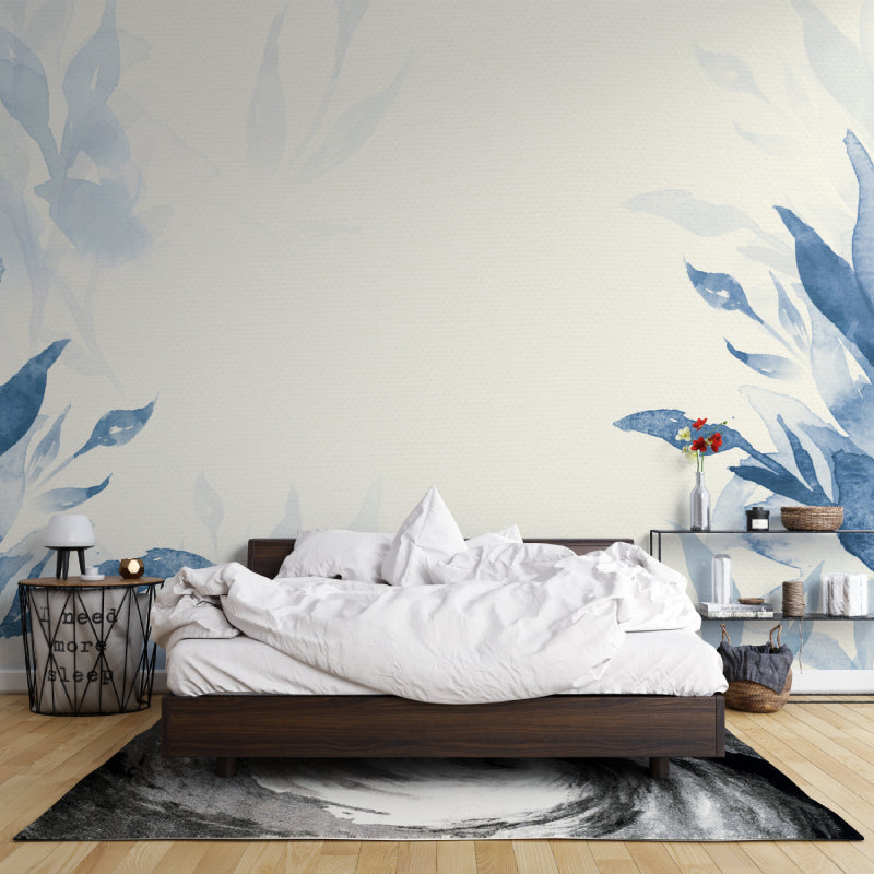 Botanical wall mural adding calm to master bedroom with soft blue tones