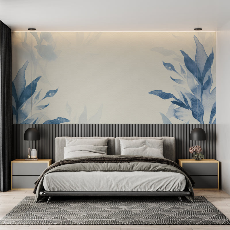 Blue leaf wallpaper in home office space enhancing focus and creativity