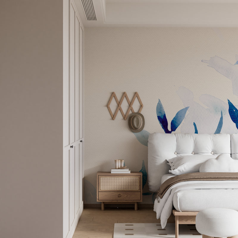 Watercolor blue leaf wall mural in dining room with contemporary decor