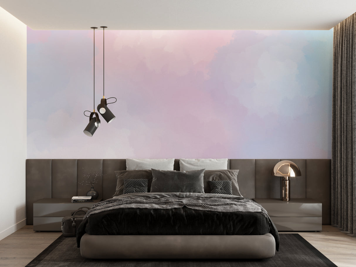 Pink and blue gradient mural wallpaper in master bedroom with minimalist furniture