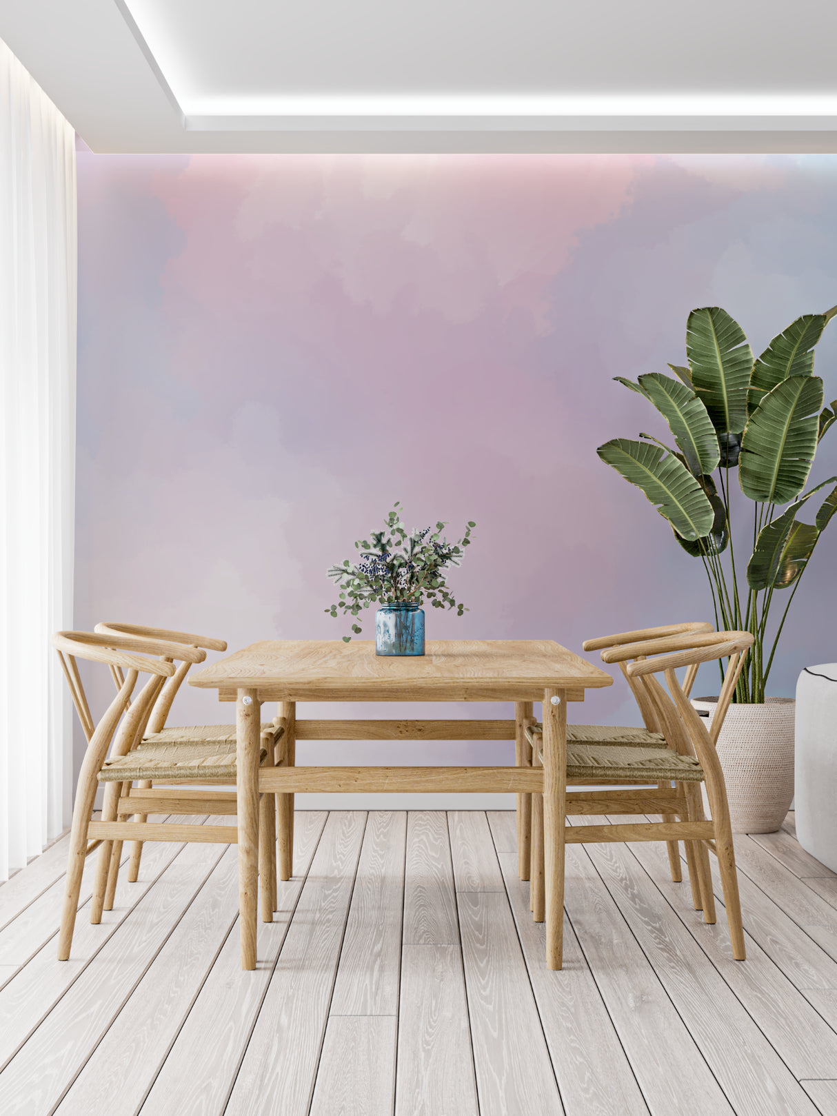 Watercolor wall mural in home office showing peaceful pink and blue color blend