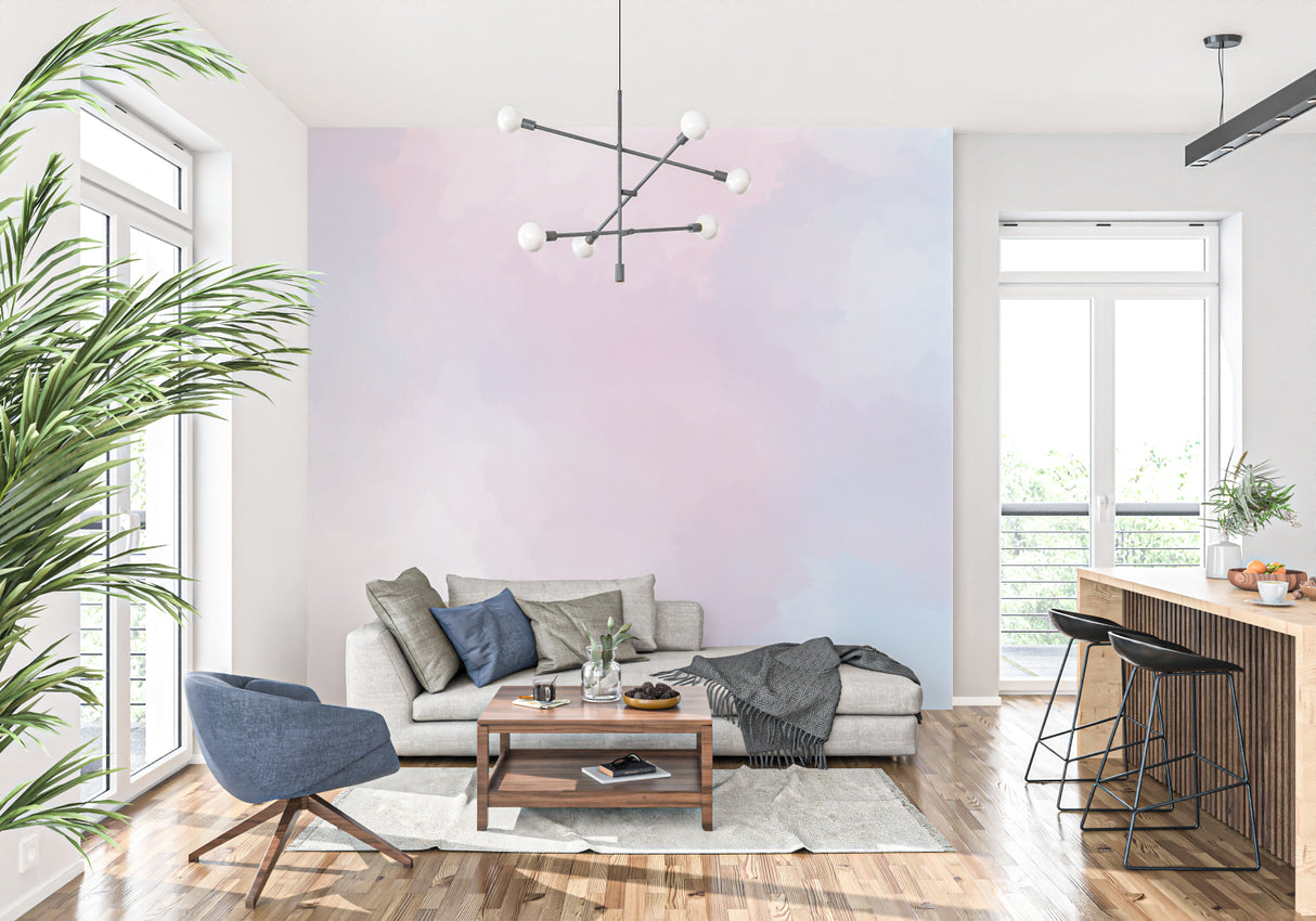 Pink and blue watercolor mural in nursery showing gentle color transitions