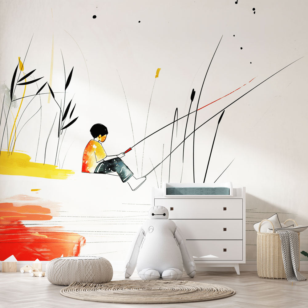Watercolor fishing boy wallpaper creating a peaceful atmosphere in a modern kids bedroom with natural light