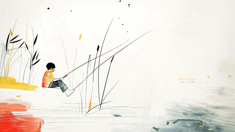 Watercolor fishing scene wallpaper design file showing delicate brushstrokes and nature elements