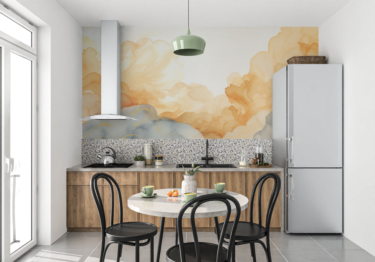 Golden cloud watercolor wallpaper in a bright modern living room with minimal furniture