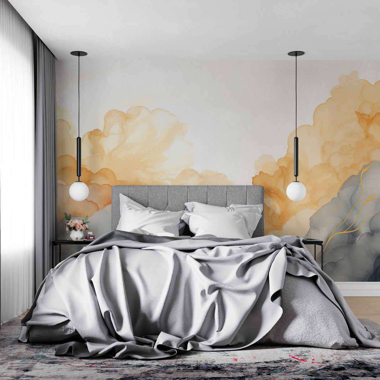 Watercolor cloud mural creating a calm atmosphere in master bedroom