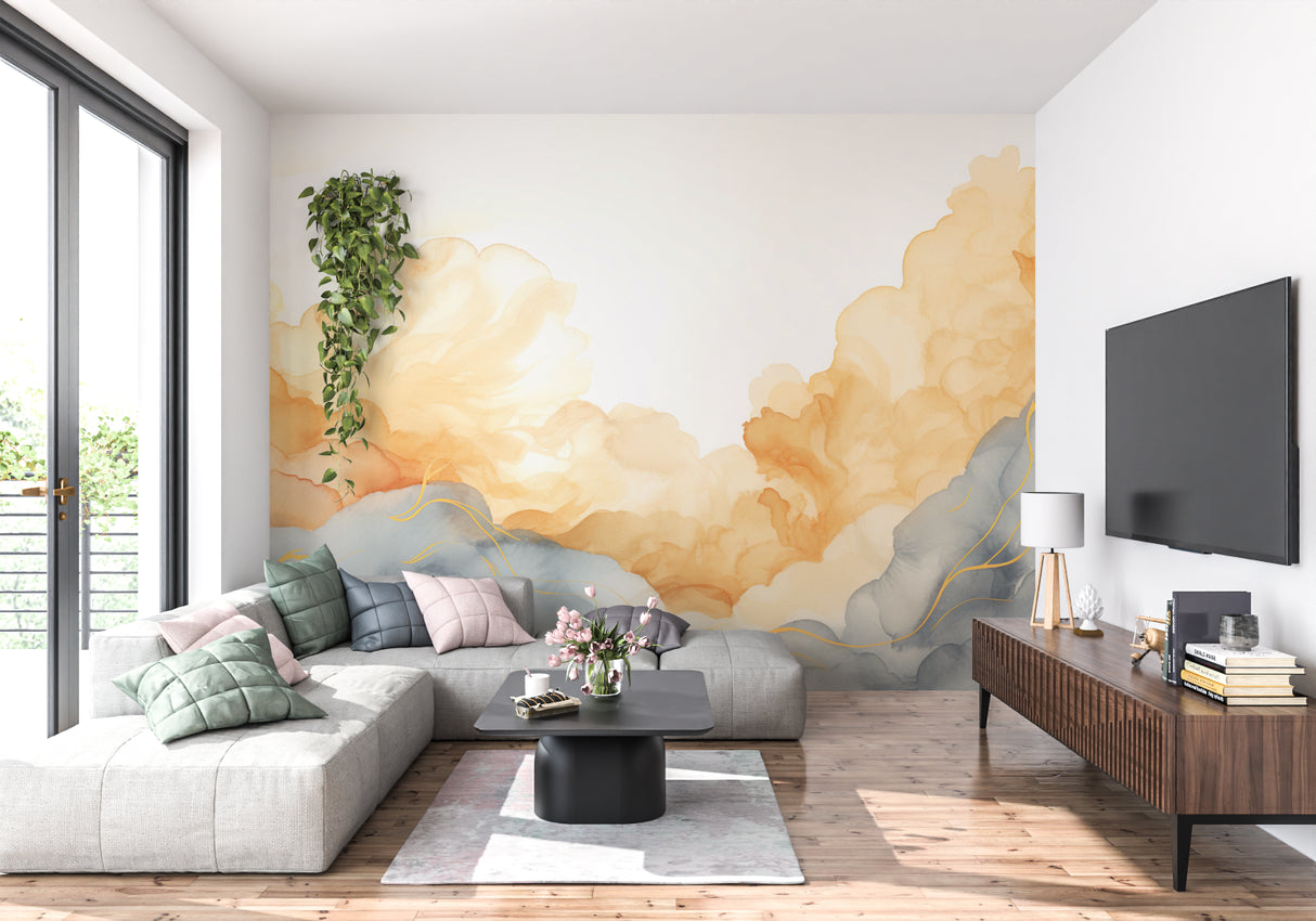Abstract golden cloud wallpaper in a home office setting with natural light