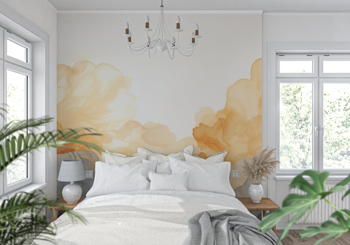 Watercolor wall mural showcased in a modern dining room with golden accents