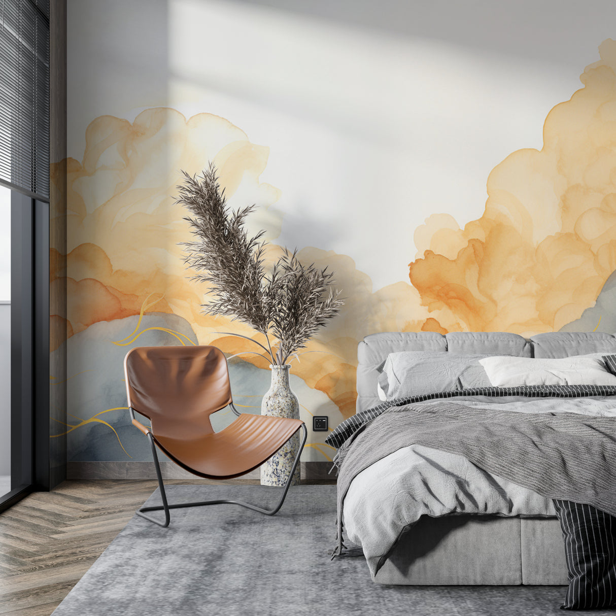 Golden abstract wallpaper featured in a peaceful meditation room