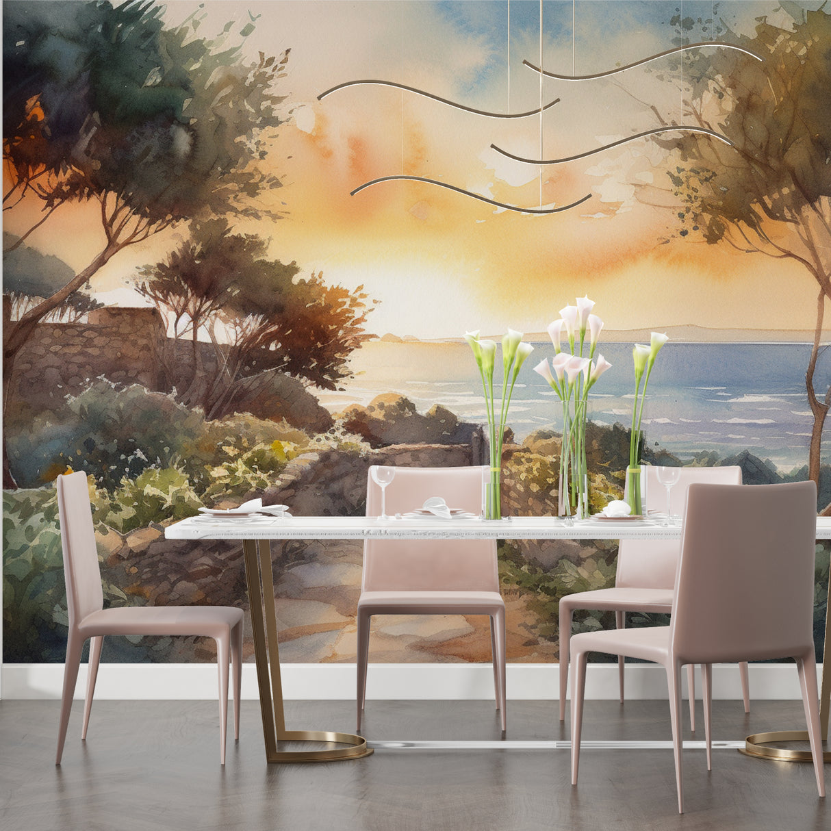 Mediterranean landscape wallpaper creating a stunning focal point in modern living room with minimal furniture