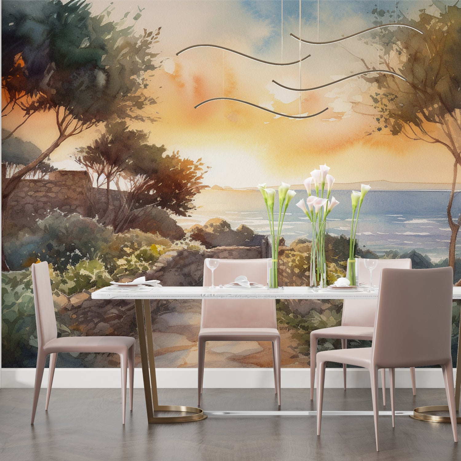 Mediterranean landscape wallpaper creating a stunning focal point in modern living room with minimal furniture