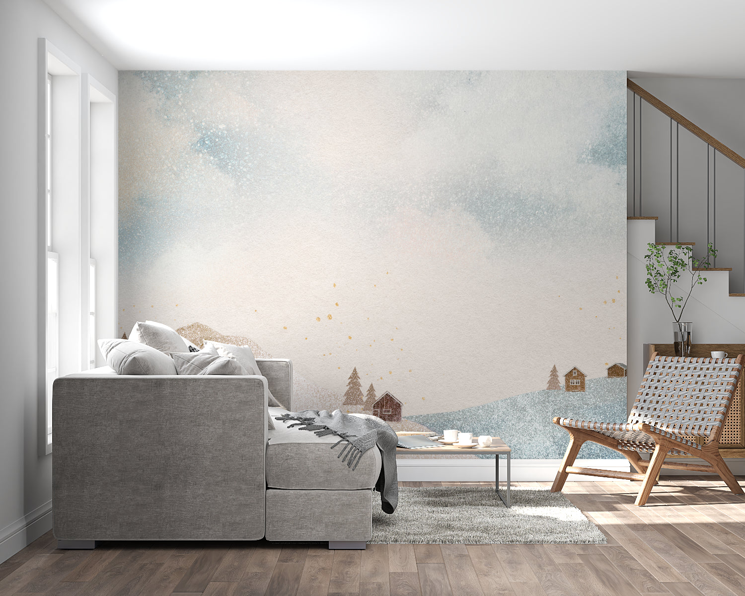 Watercolor landscape mural in modern Scandinavian living room with minimal furniture
