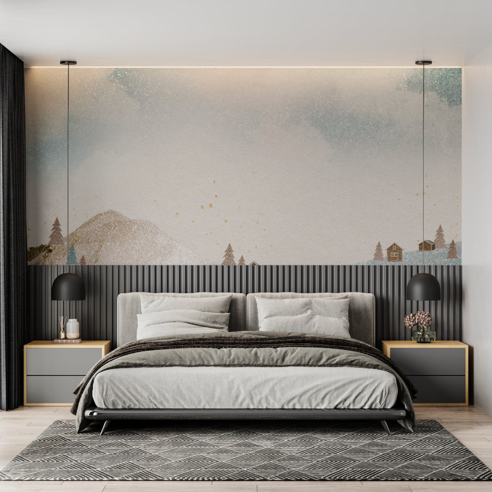 Watercolor wall mural bringing winter charm to home office space