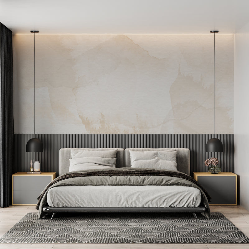 Watercolor wall mural brightening home office space with gentle beige hues