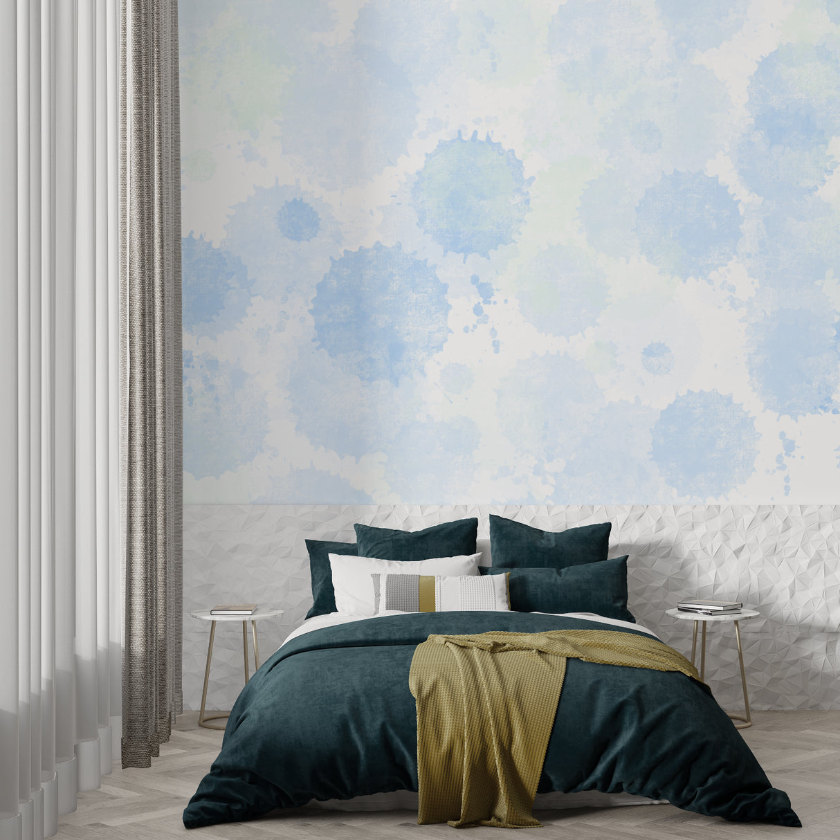 Watercolor cloud wallpaper creating a serene atmosphere in a modern living room with natural light