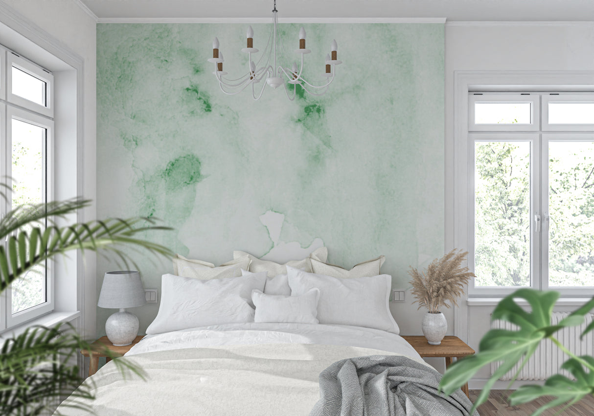 Green watercolor wallpaper mural in modern living room creating serene atmosphere