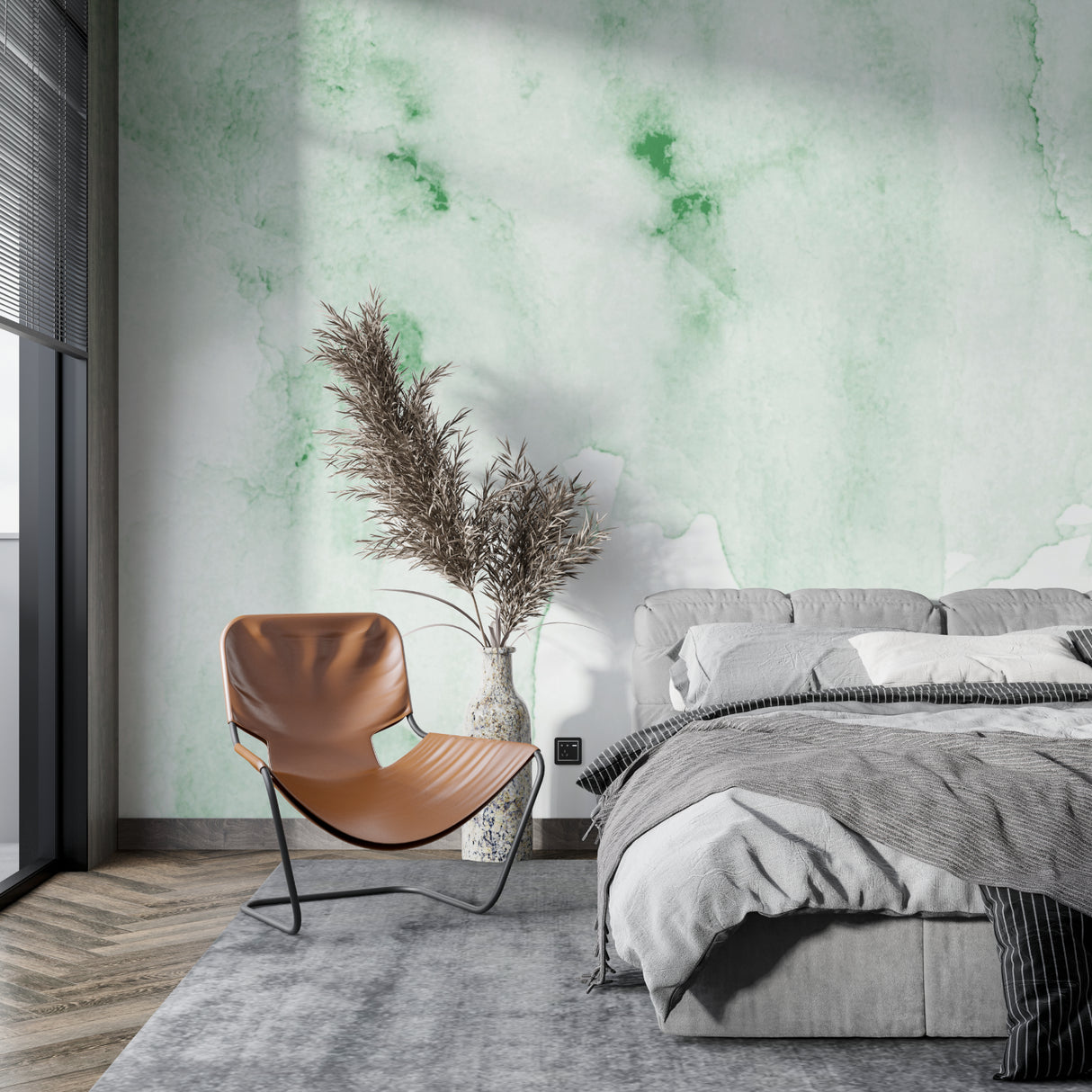 Abstract green watercolor mural in bright bedroom setting