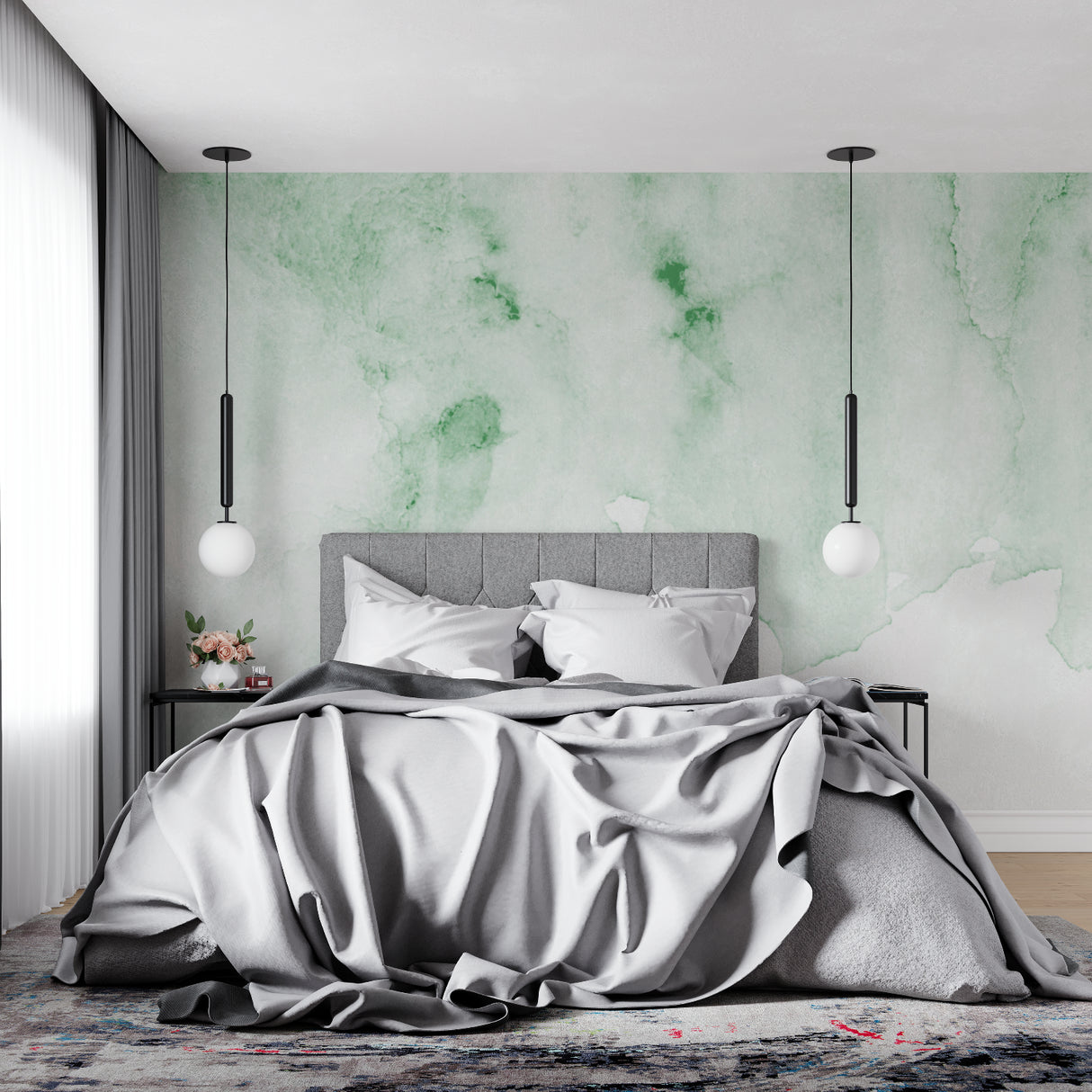 Soft green watercolor wall mural in minimalist home office