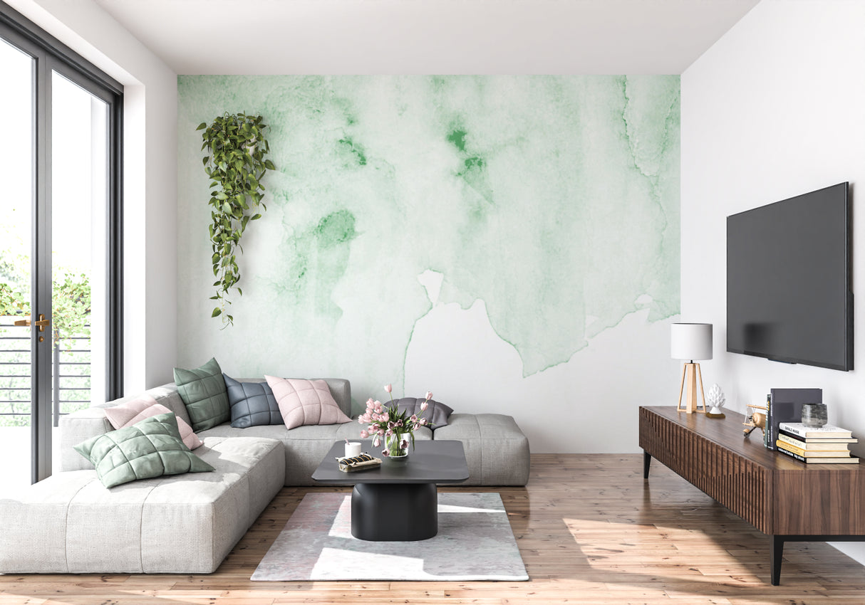 Green abstract mural creating depth in modern hallway