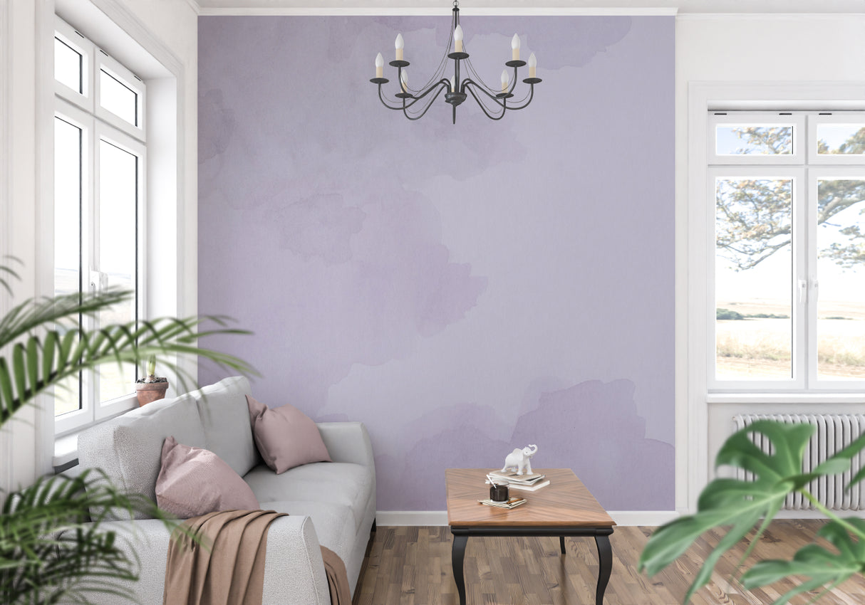 Lavender watercolor cloud wallpaper in modern bedroom creating serene atmosphere