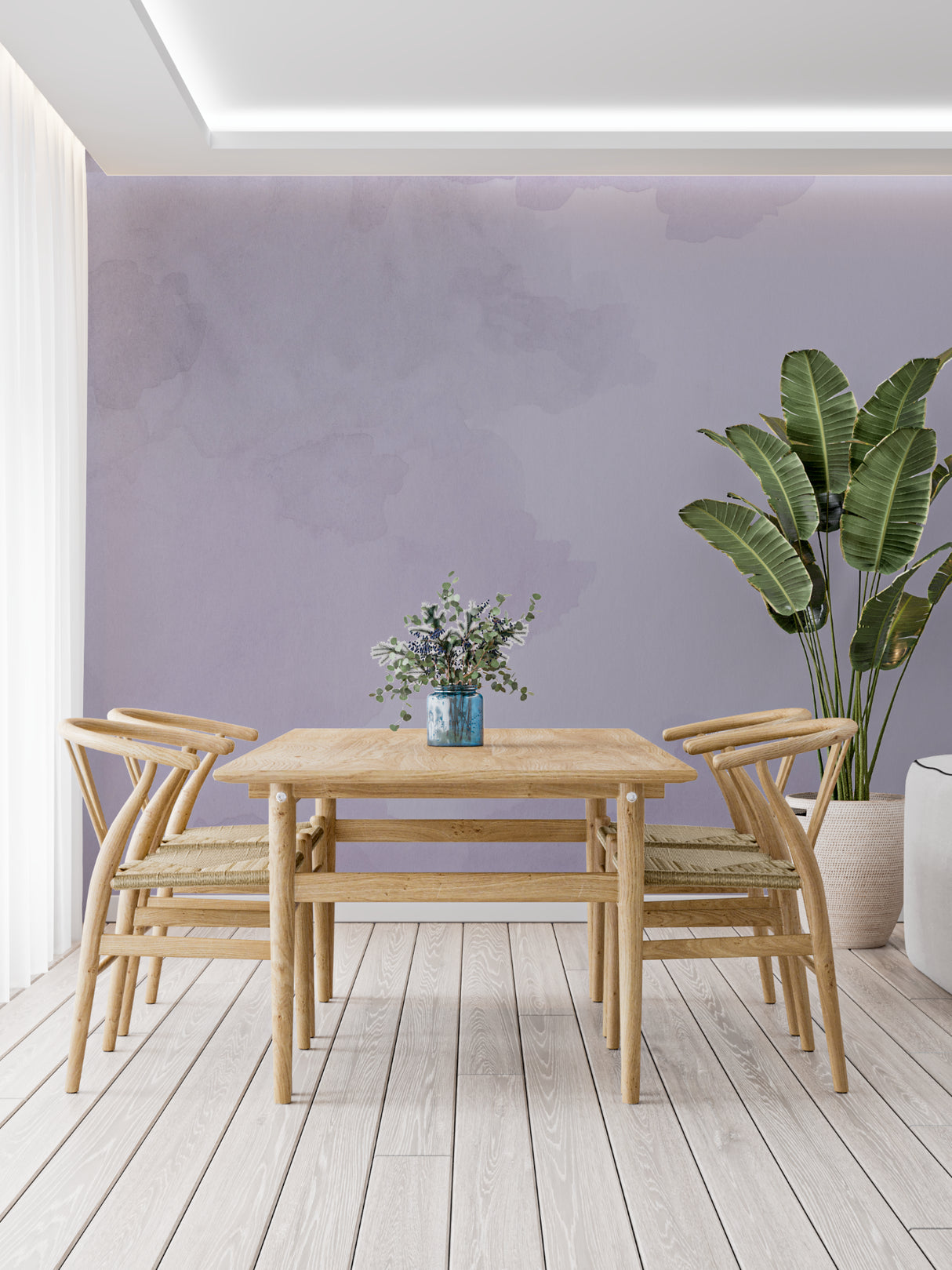 Purple cloud mural wallpaper in living room with natural light