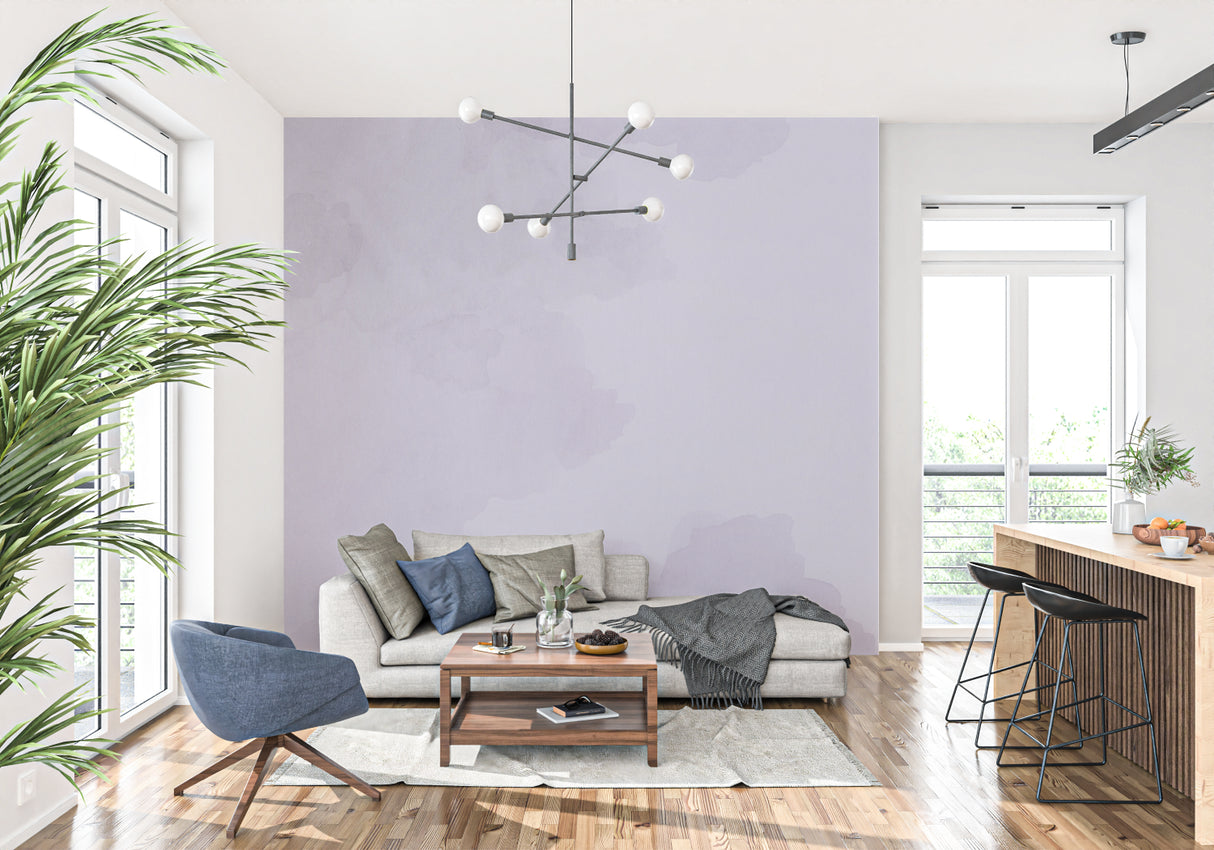 Watercolor wall mural in home office showing flowing lavender design