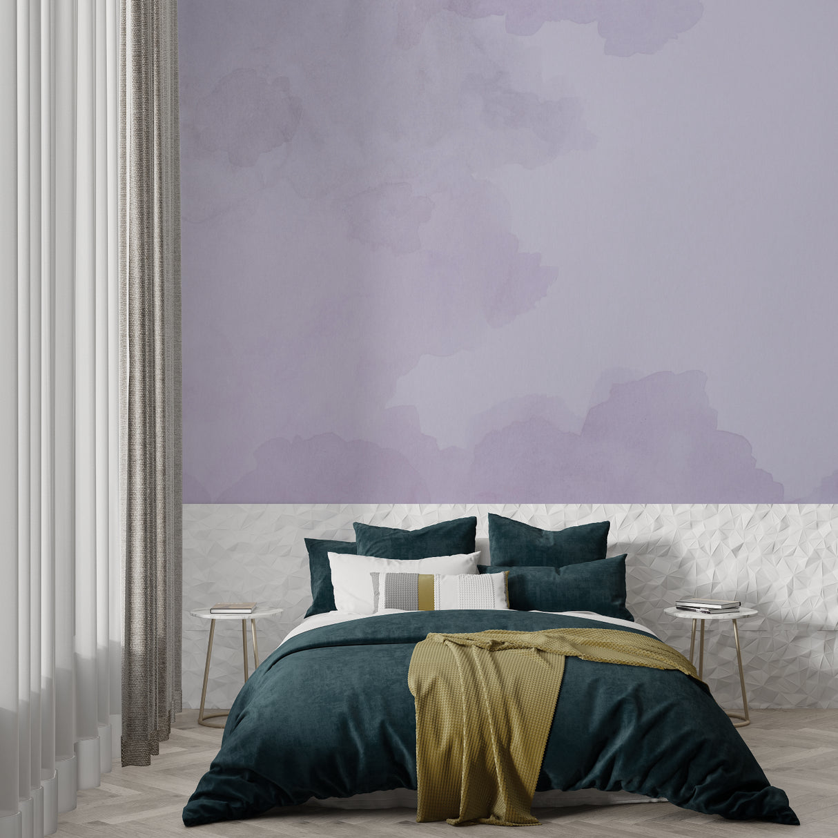 Abstract watercolor wallpaper in dining room with soft purple tones