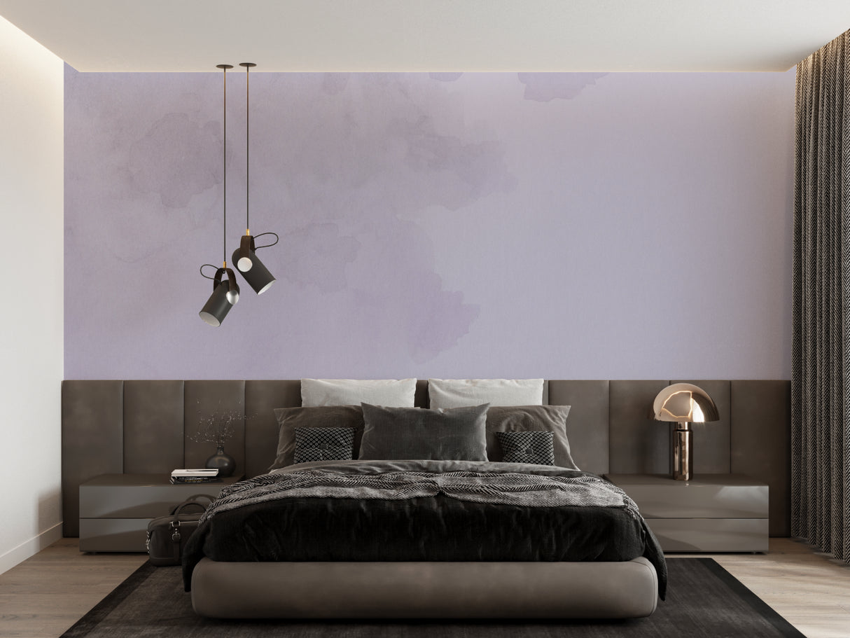 Cloud effect wallpaper in nursery showing gentle lavender hues